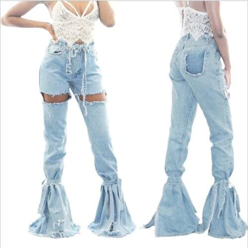 Sexy Patchwork Ripped Flare Pants Women Jeans Skinny Hole Long High Waist Pants Female Bandage Hollow Out Denim Korean Pants