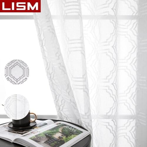 LISM Geometric Embroidered Sheer Curtains Tulle Voile Curtains for Living Room Bedroom Kitchen Window Treatment Drape Home Decor
