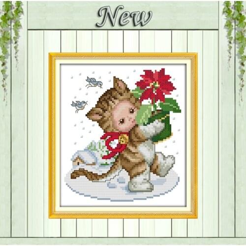 Christmas cat flower decor painting counted printed on canvas DMC 14CT 11CT Chinese Cross Stitch Needlework Sets Embroidery kits