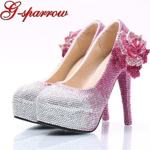 Pink Rhinestone Wedding Shoes Wholesale Price Bridal Dress Shoes Gorgeous Crystal Party Prom High Heels Graduation Party Pumps