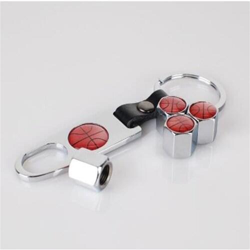 Sliver Car styling Basketball Logo Tire Valve Cap With Key Ring Wrench Emblem For Basket Ball 8pcs = 2 set