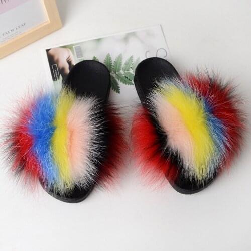 Summer Fox Fur Slippers Unisex Fur Slides Children Furry Slippers Women Fluffy House Shoes Flip Flops Real Fox Fur