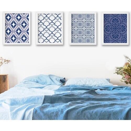 Navy Blue Ikat Geometric Patterns Wall Art Canvas Painting Cottage Chic Tribal Art Poster Boho Moroccan Print Aztec Wall Decor