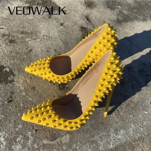 Veowalk Women Yellow Patent Pointed Toe High Heels 12cm 10cm 8cm Sexy Ladies Slip On Stiletto Pumps with Spikes Plus Size 10 11