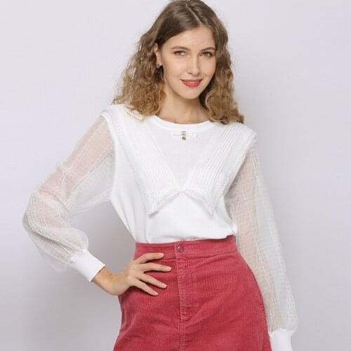 Spring Summer Sweaters Women Knitted Pullover Tops O-neck Thin Stitching Lace Long Sleeve Bottoming Knitted Shirts Pull Femme