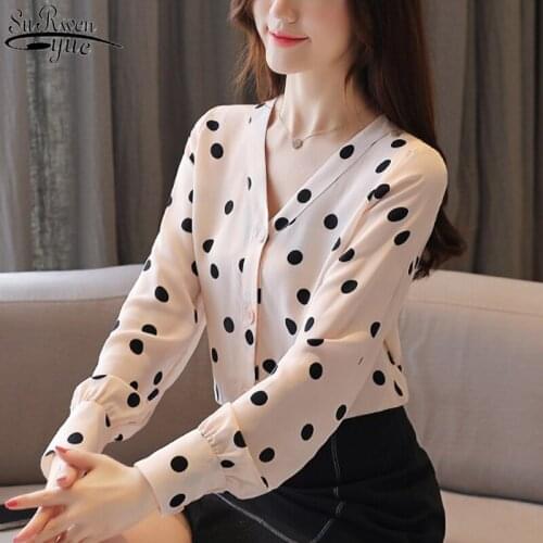 2021 Autumn Office Lady Long Sleeve Button Cardigan Women Blouse V-neck Polka Dot Chiffon Shirt Tops Women Blusas Mujer 10781