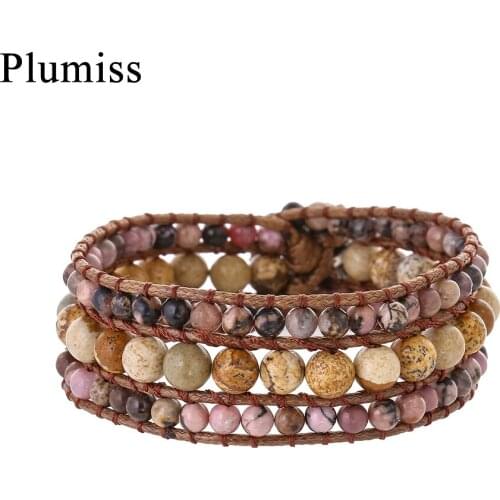 Boho AB Rhodonite Wide Wrap Bracelet Bangles for Women Natural Stone Picure Jaspers Cuff Bracelets Gypsy Femme Jewelry Wholesale