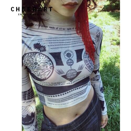 CHEERART Tattoo Mesh Crop Top Long Sleeve Tees Graphic T Shirts Women See Through High Fashion Top Aesthetic Bodycon Tshirt