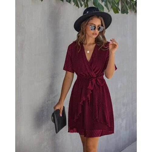 Women Dress Casual Ruffle Bow Lacing-Up Solid Sundresses 2021 Summer Short Sleeve V-neck High Waist Knee Length Dresses