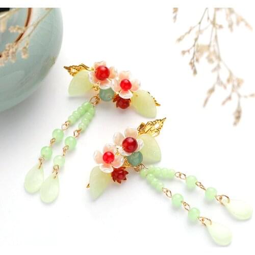 1pair Archaistic Exquisite Insect Flower Jade Hairclip Set Korean Fairy Dress Accessories Long Tassels Women Headwear BN