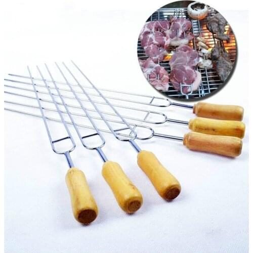 6pcs Hot selling Stainless Steel BBQ Fork Needle with Wooden Handle Row U BBQ Roast Barbecue Skewers Picnic Camping Tools BBQ
