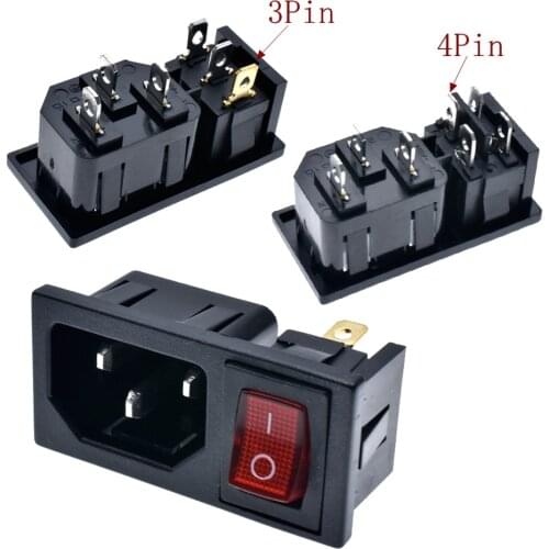 Fused IEC 320 C14 Inlet Power Socket Fuse Switch Connector Plug Connector AC 10A 250V 3Pin /4Pin Red Rocker Switch