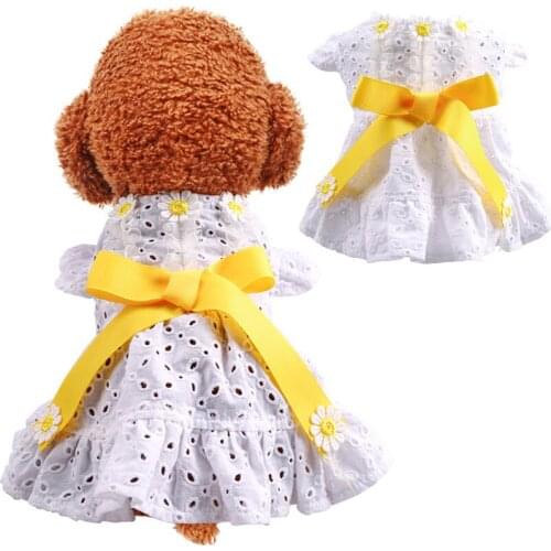Noble Hollow Princess Dress Big BowTie Flying Sleeve Sunflower Cat Tutu White Skirt Summer Dog Shirt Dresses For Weeding Party L