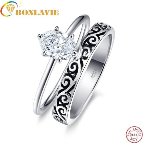 BONLAVIE 2pcs Retro Carved Oval White Zirconium Black Wedding Ring Bridal Sets Engagement Jewelry