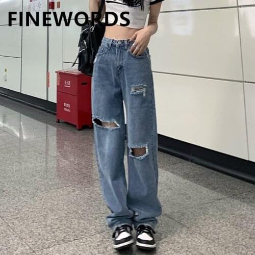 FINEWORDS Korean Ripped Hole High Waisted Jeans Vintage Casual Plus Size Streetwear Loose Jeans Straight Punk Distressed Jeans