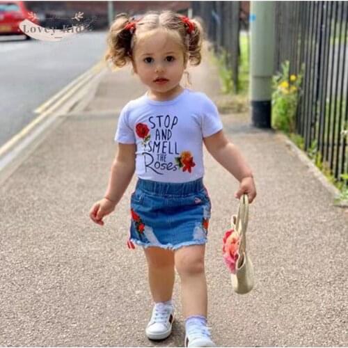 2021 Summer Baby Girl Clothes Two Piece Set Letter Print Short Sleeve Tops T-shirt Hole Denim Skirt Sweet Fashion Teen 1-6Y