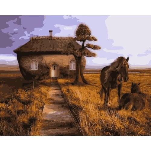 MaHuaf-j448 House in a field frameless pictures painting by numbers diy digital canvas oil painting home decor