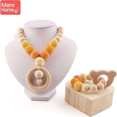 Mamihome 1set Baby Neckalce Bracelet Animals Crochet Beads Wood Pendant BPA Free Wooden Tething Toys Nurse Gifts Baby Teether
