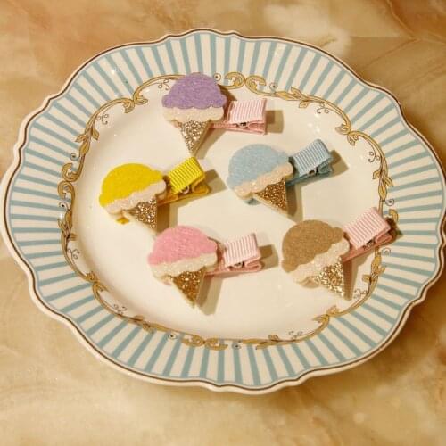 Boutique 20pcs Fashion Cute Felt Icecream Hairpins Kawaii Solid Glitter Icecream Cone Hair Clips Princess Headwear Accessories