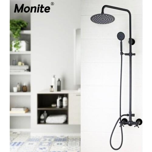 Monite 8 Inch Black Paint Wall Mount Rainfall Round Head Spray 2 Functions Adjustable Hand Bathroom Shower Faucet Mixer Tap Set