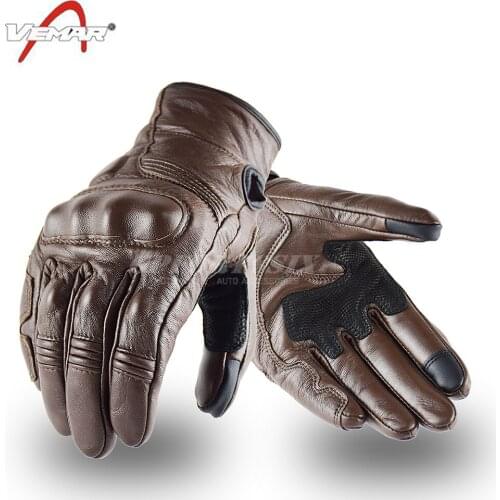 VEMAR Breathable Summer Vintage Leather Motorcycle Gloves Touch Screen Full Finger Retro Moto Gloves Brown Scooter Women Men