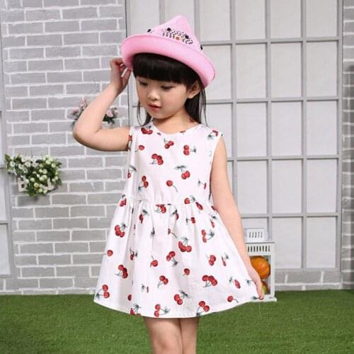 Girls Dress Round Neck Cherry Print Middle Length Children Backless Lace Up Dresses Baby Children Girl Clothing for Daily Wear