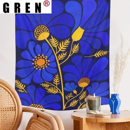 GREN Blue Flower Boho Mandala Tapestry Wall Hanging Covering Rugs Background Cloth Beach Mat Blanket Art Bedroom Dorm Home Decor