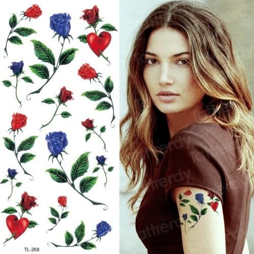 Purple Red Blue Leaf Flower Temporary Tattoos For Women Arm Clavicle Tatoo Rose Sticker Watercolor Water Transfer Tattoo Paper