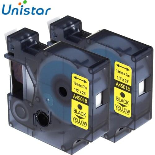 Unistar 2pcs 45018 Compatible for DYMO and for D1 Label Tapes 12mm black on Yellow 45018 LabelManager 160 280 420P PnP 220P 360D