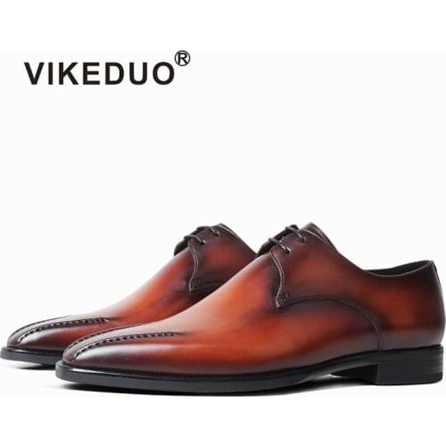 VIKEDUO Fashion Style Dress Shoes Men Patina Brown Wedding Office Shoes Derby Shoe Handmade Formal Leather Shoes Zapato Footwear
