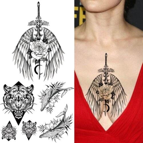 Sexy Angel Wing Rose Sword Temporary Tattoos For Women Men Adult Geometric Tiger Fake Tattoo Stickers Whale Waterproof Tatoo