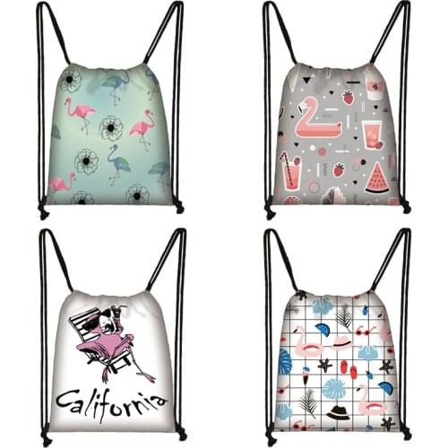 Cartoon Flamingo Print Drawstring Bag Women Travel Bag Teenager School Bag Brown Girl And Boy Backpack Fashion Storage Bags A046
