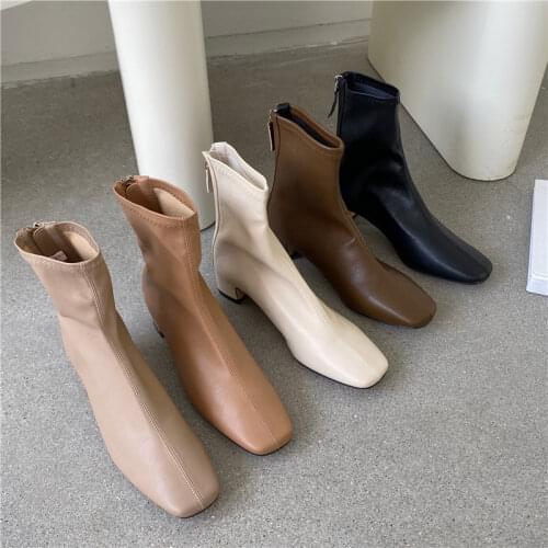 2021 Winter Boots For Women Zippers Square Toe Fashion Ankle Booties Soft Leather Spring Autumn Ladies Shoes Female Short Botas