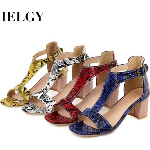 IELGY Fish mouth sandals Shallow mouth Thick heel All-match Square toe Printing Ethnic style Snake print Womens Simple