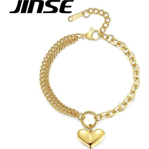 JINSE New Fashion Boho 316L Stainless Steel Gold Chain Link Heart Charms Bracelet for Women Hip Hop Punk Kolye Jewelry Love Gift