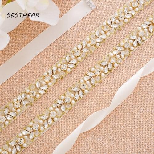 SESTHFAR Crystal Belt Rhinestone Wedding Belt Gold Belt Diamond Flower Belts Bridal Sash For Wedding Dresses