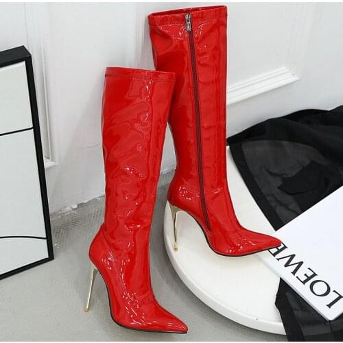 Winter Solid All-Match Fall Womens Boots Fashion Pointed Toe Zipper Patent Leather Knee High Boots Sexy Super Thin High Heels