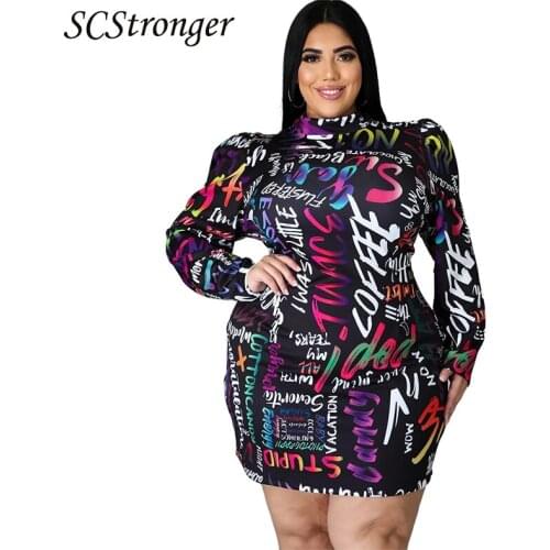 SCSTRONGER Winter Plus Size Women Sexy Dress Nightclub Stand Up Collar Printed Zipper Pleated Regular Skirt Vestidos De Fiest