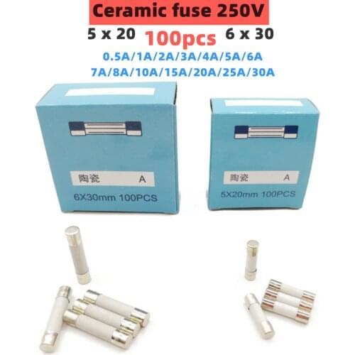 100pcs 5*20mm 6*30mm ceramics fuse 250V 0.5 1 2 3 4 5 6 8 10 15 20 25 30A fuse Electronic component voltage protection