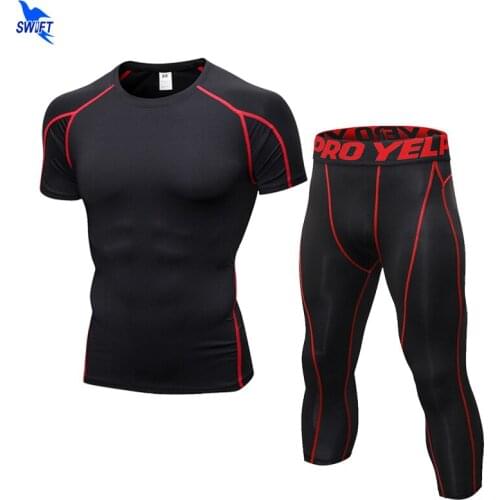 2020 Summer Mens Stretch Tight Capris Sport Suit Gym Fitness Quick Dry Compression Running Short Sets Crossfit Workout Tracksuit