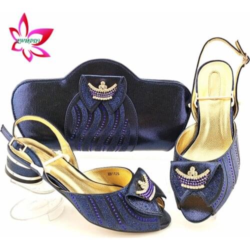 2021 Fashionable Nigerian Women Shoes and Bag to Match in Dark Blue Color African Sandals with Evening Bag for Wedding