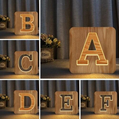 26 Letters A to Z USB Wood Led Night Light Novelty Kid Bedroom Wooded Hollow carved Bedroom 3D Decoration Table Lamp Child Gift