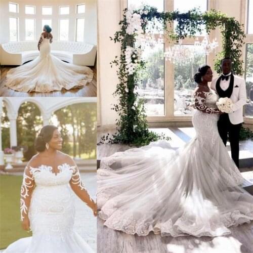 Arabic Plus Size Mermaid Wedding Dresses Long Sleeves Sheer Neck Lace African Bridal Gowns Vintage robe de mairee