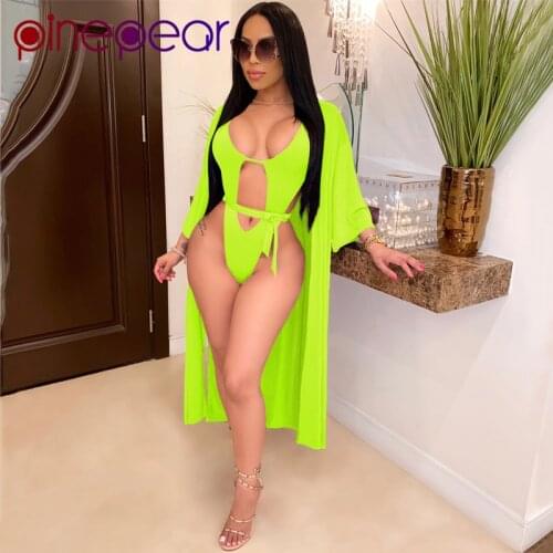 PinePear 2020 Summer Sexy Hollow Out Bandage Bodysuit and Cover Up 2 Piece Set Women Bathing Suit Swim Wear Swimwear Wholesale