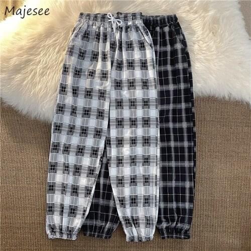 Pants Women Summer Loose Wide Leg Plaid Korean Style Streetwear Casual Joggers Fashion Chic All-match Pockets Drawstring Clothes