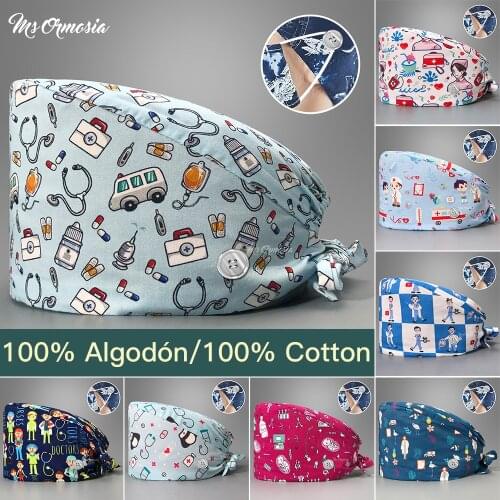 High Quality Printing Clinical Unisex Surgical Hats Beautician Scrub Caps Pet Adjustable Breathable Cotton Medical Hat Customize
