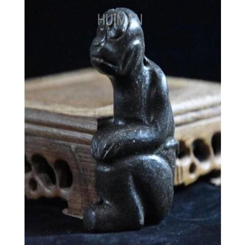China Hongshan Culture Archaize Black Iron Meteorite Monkey Statue Handicraft Home Decoration