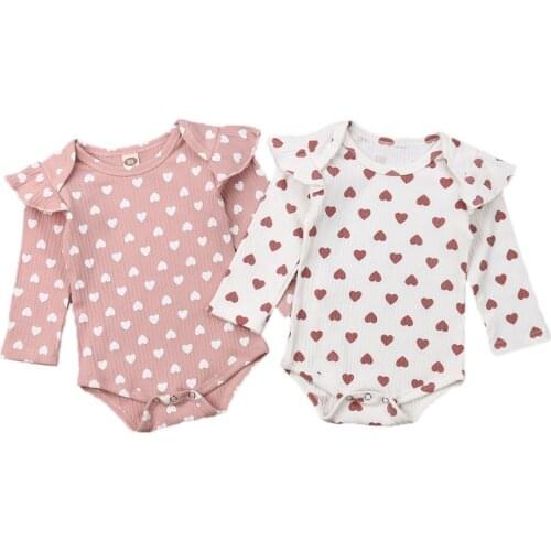 2020 Baby Spring Autumn Clothing Newborn Kids Baby Girls Ribbed Clothes Ruffle Hearts Jumpsuit Fly Long Sleeve Bodysuit Outfit