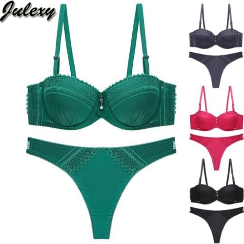 Julexy New 2020 sexy solid bra set for women thong Push up lace underwear set B C cup bra and panty set