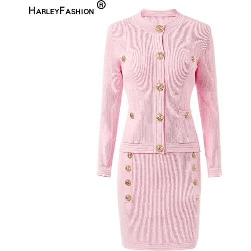HarleyFashion New Fall Designing Baby Pink Knitting Suit Sweater Mini Slim Skirt Quality Sweet 2 Pieces Sets